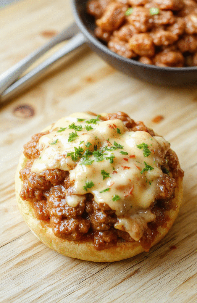 Juicy ground beef Sloppy Joes piled high in a toasted bun, topped with caramelized onions and a generous layer of golden melted cheddar cheese, served next to a side of crispy shoestring fries on a white ceramic plate.