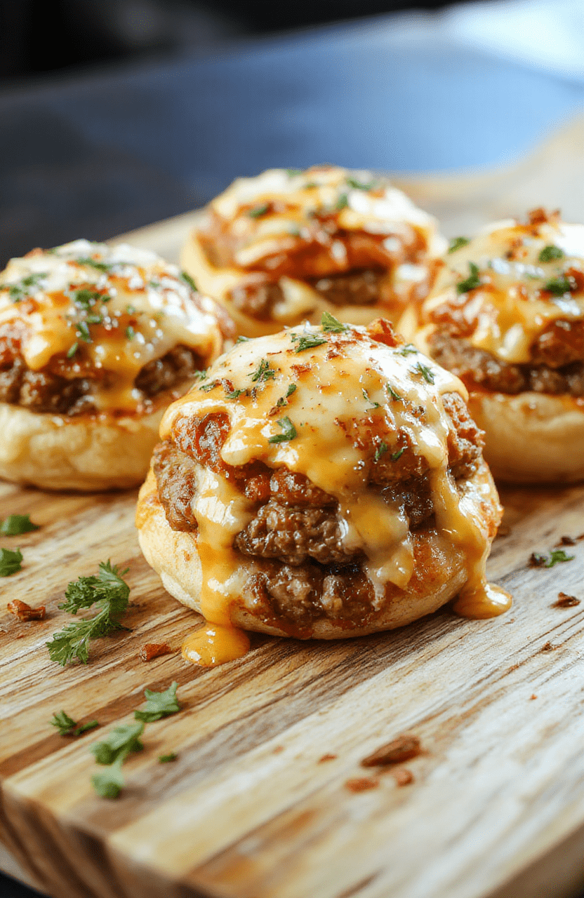 Golden-brown, oven-baked cheeseburger bombs cut in half on a white ceramic plate, oozing melted mozzarella and cheddar cheese, sprinkled with fresh parsley and garlic powder, resting on a bed of crispy breadcrumb crumbs, with a side of ketchup for dipping.
