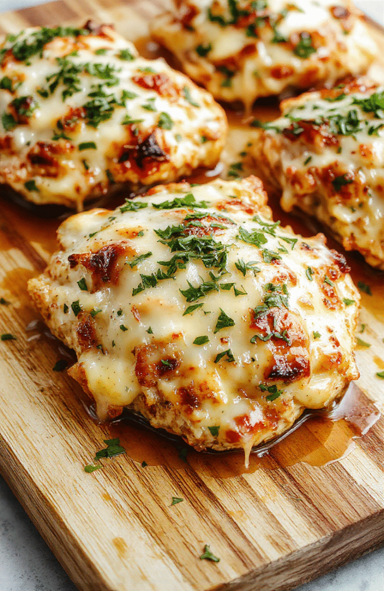 Golden-brown baked chicken breasts topped with melted mozzarella and parmesan cheese, glistening garlic butter drippings, and fresh parsley sprinkled over the top, served on a simple white ceramic plate with roasted broccoli on the side and rustic wood table