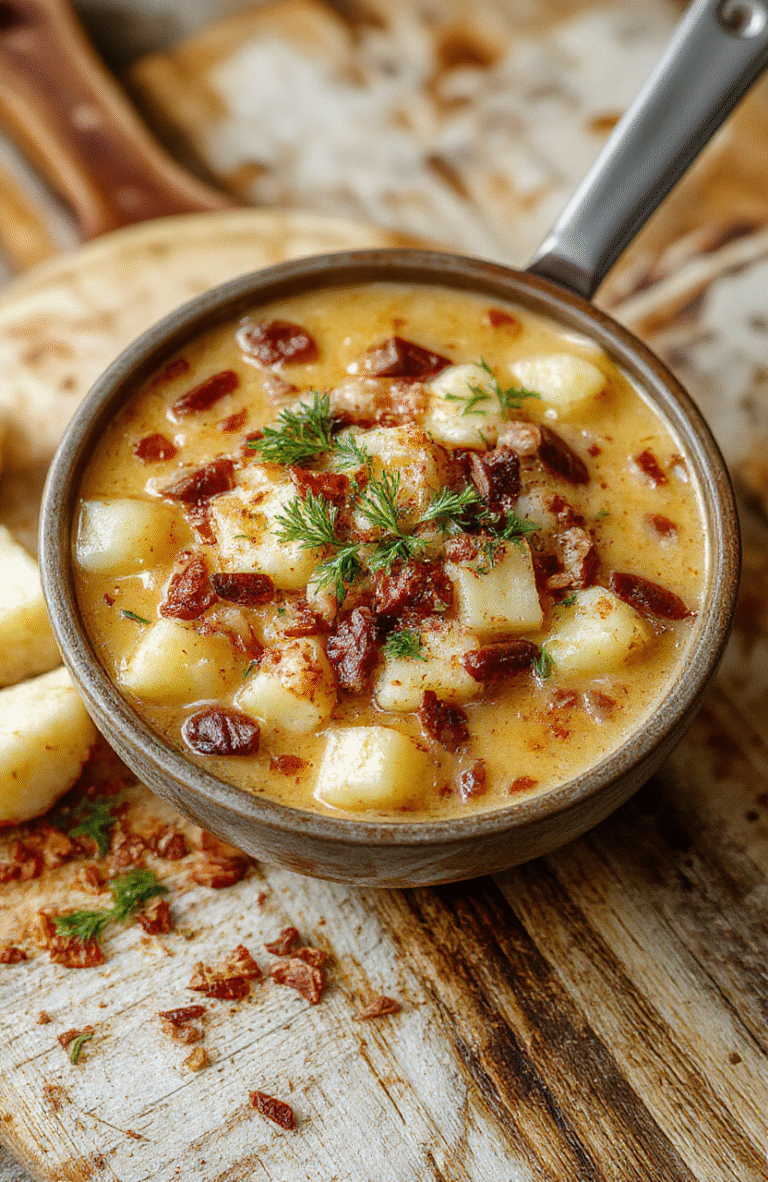 Creamy cheesy potato soup in a white ceramic bowl, topped with shredded cheddar, crispy hash browns, green onions, and a dollop of sour cream, served in natural light with soft shadows and minimal props.