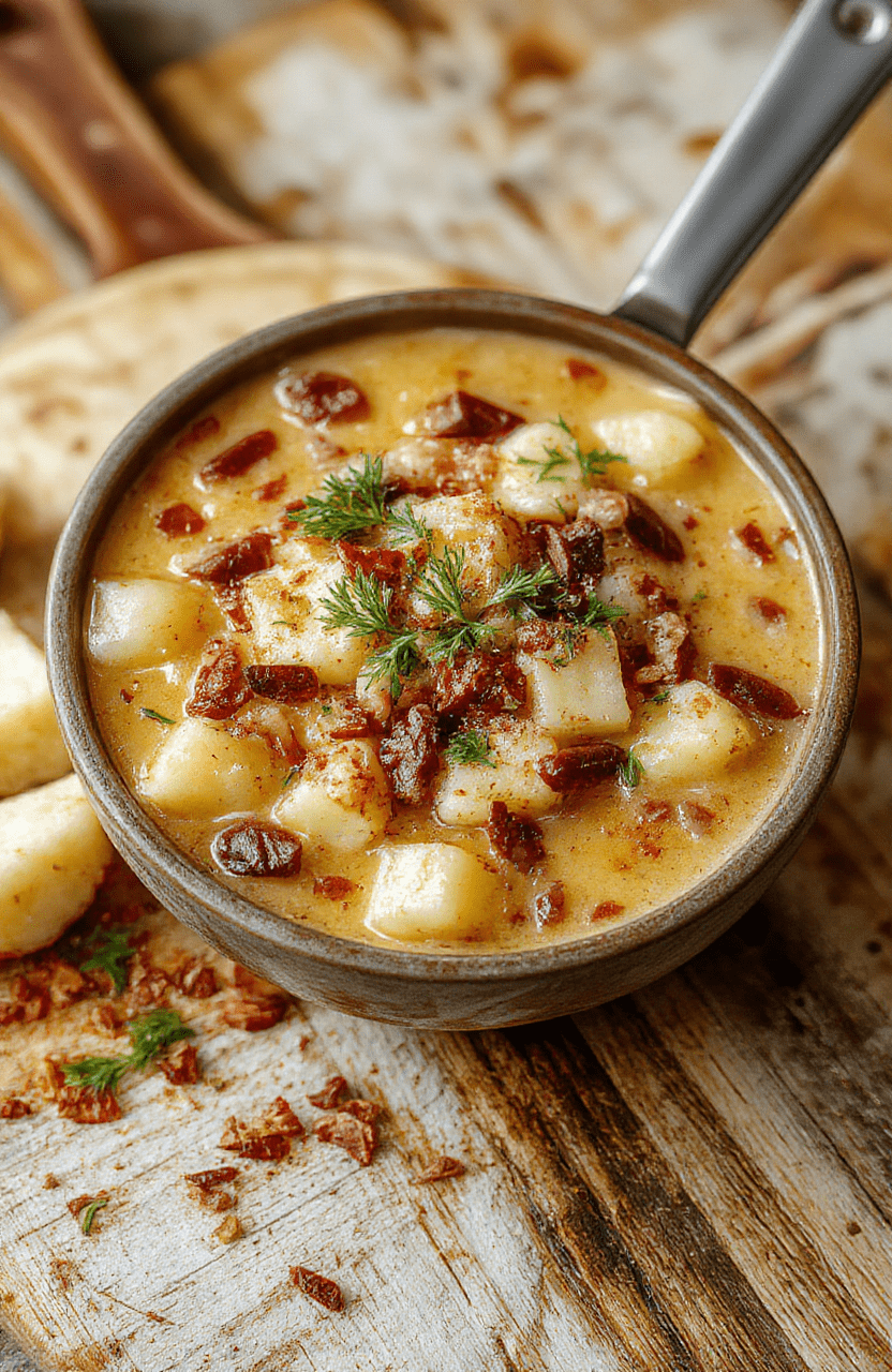 Creamy cheesy potato soup in a white ceramic bowl, topped with shredded cheddar, crispy hash browns, green onions, and a dollop of sour cream, served in natural light with soft shadows and minimal props.
