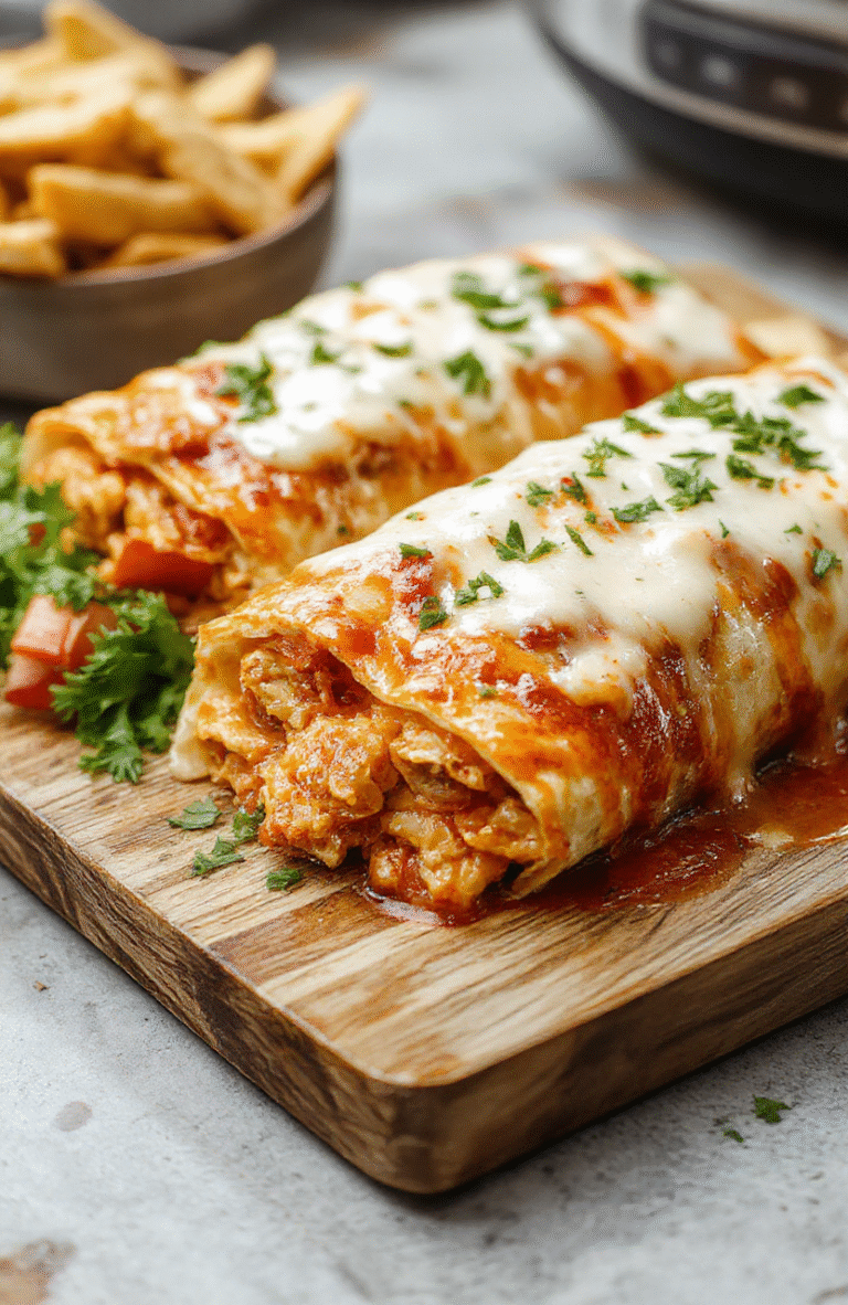 A hearty dish of cheesy slow cooker enchiladas served in a deep ceramic bowl, with golden-brown baked tortillas peeking from under a thick blanket of melted Monterey Jack and cheddar cheese, green chile sauce drizzled over, and a sprinkle of fresh cilantro, red onion, and sliced avocado on top, captured in natural daylight with soft shadows and shallow depth of field.