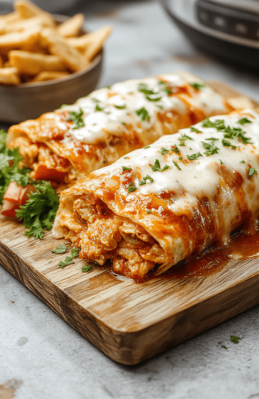 A hearty dish of cheesy slow cooker enchiladas served in a deep ceramic bowl, with golden-brown baked tortillas peeking from under a thick blanket of melted Monterey Jack and cheddar cheese, green chile sauce drizzled over, and a sprinkle of fresh cilantro, red onion, and sliced avocado on top, captured in natural daylight with soft shadows and shallow depth of field.