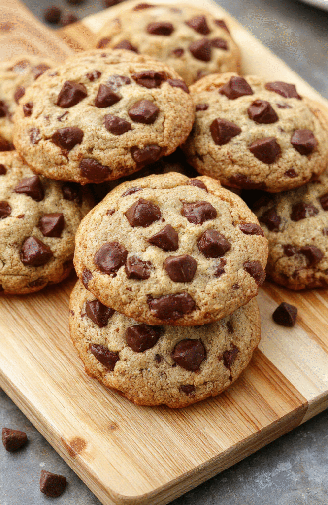 A golden-brown, slightly puffy batch of chewy chocolate chip cookies on a clean white ceramic plate. Deep golden edges with soft centers, generous semi-sweet chocolate chips visible on top and sides, with subtle cracks on the surface. Light dusting of flour around the edges. Natural daylight illuminates the cookies with soft shadows and warm highlights.
