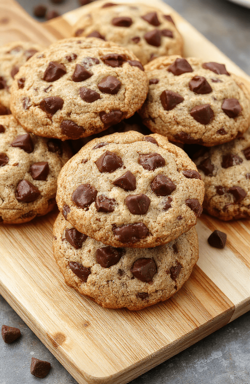 A golden-brown, slightly puffy batch of chewy chocolate chip cookies on a clean white ceramic plate. Deep golden edges with soft centers, generous semi-sweet chocolate chips visible on top and sides, with subtle cracks on the surface. Light dusting of flour around the edges. Natural daylight illuminates the cookies with soft shadows and warm highlights.