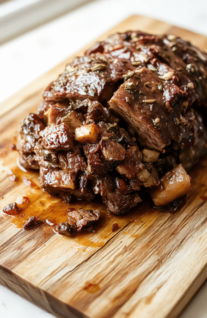 A tender, braised beef pot roast resting on a bed of carrots and potatoes in a rustic ceramic crock, golden-brown crust on the meat, savory juices pooling around, fresh rosemary sprigs and garlic cloves scattered on top, served in the slow cooker with steam rising softly, natural wood table background with warm lighting.