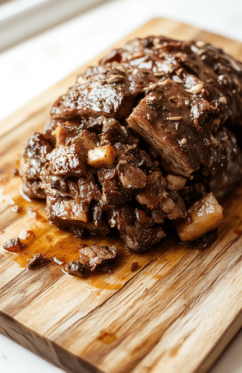 A tender, braised beef pot roast resting on a bed of carrots and potatoes in a rustic ceramic crock, golden-brown crust on the meat, savory juices pooling around, fresh rosemary sprigs and garlic cloves scattered on top, served in the slow cooker with steam rising softly, natural wood table background with warm lighting.