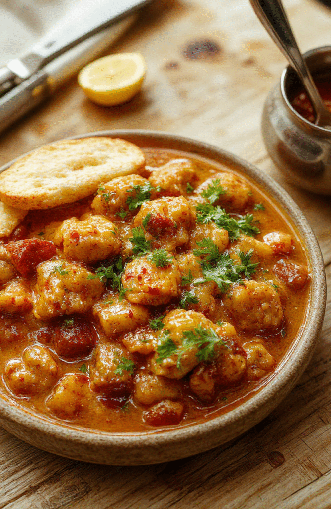 A steaming bowl of golden-brown keema aloo curry with tender crumbled lamb, soft caramelized onions, and fluffy golden potatoes in a rich, spiced tomato-cumin sauce, garnished with fresh cilantro and served with a wedge of lemon on the side.