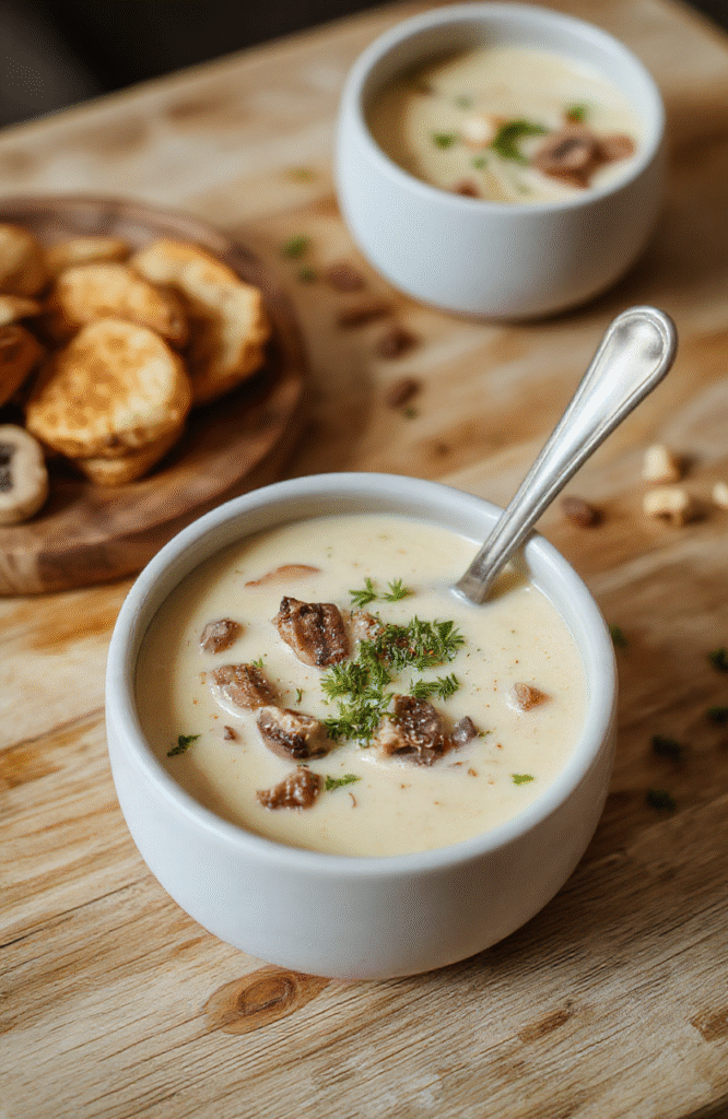 A rustic ceramic bowl filled with thick, creamy mushroom soup, garnished with fresh thyme sprigs and a drizzle of olive oil, served alongside a slice of crusty artisan bread on a wooden table. Warm natural light highlights the deep umami tones of golden-brown mushrooms and subtle cream layers.