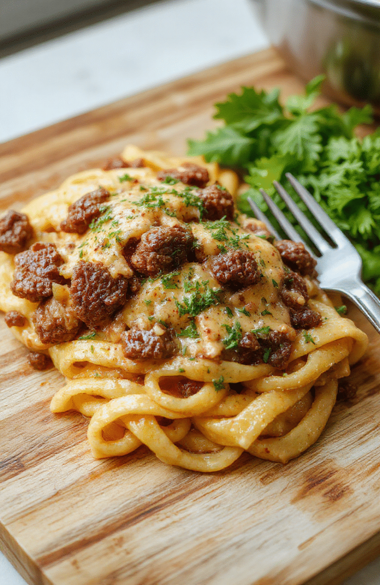 A rustic wooden board holding a deep bowl of creamy beef pasta: tender spaghetti coated in pale golden cream sauce, flecked with parsley, scattered with seared beef medallions and grated parmesan, garnished with fresh thyme, served in a dimly lit kitchen with soft focus background