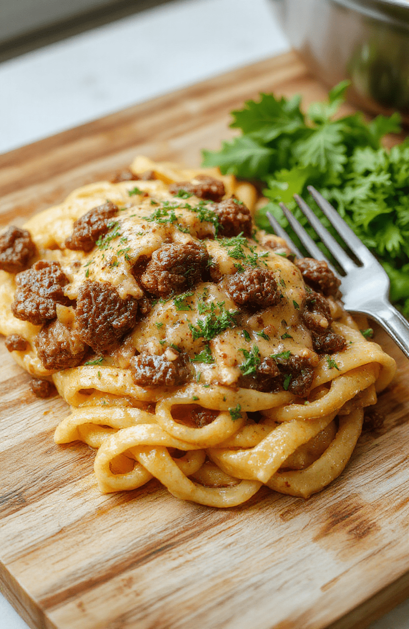 A rustic wooden board holding a deep bowl of creamy beef pasta: tender spaghetti coated in pale golden cream sauce, flecked with parsley, scattered with seared beef medallions and grated parmesan, garnished with fresh thyme, served in a dimly lit kitchen with soft focus background
