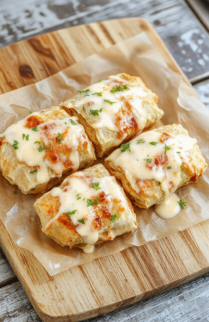 Three warm flour tortillas wrapped in foil, each filled with shredded grilled chicken, meltedched cheddar and mozzarella cheese, and a creamy garlic sauce, garnished with fresh parsley and cracked black pepper, placed on a rustic wooden cutting board with a side of cherry tomatoes and lime wedges.