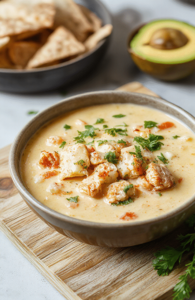 A rustic ceramic bowl filled with rich, creamy chicken enchilada soup, swirls of sour cream and melted cheese on top, garnished with fresh cilantro, diced avocado, and crunchy tortilla strips, served alongside warm tortillas on a wooden board.