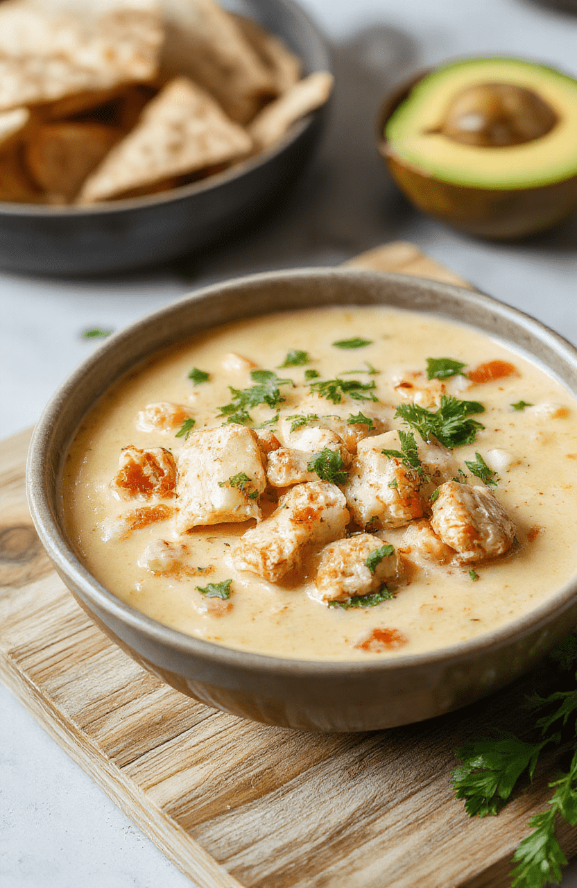 A rustic ceramic bowl filled with rich, creamy chicken enchilada soup, swirls of sour cream and melted cheese on top, garnished with fresh cilantro, diced avocado, and crunchy tortilla strips, served alongside warm tortillas on a wooden board.