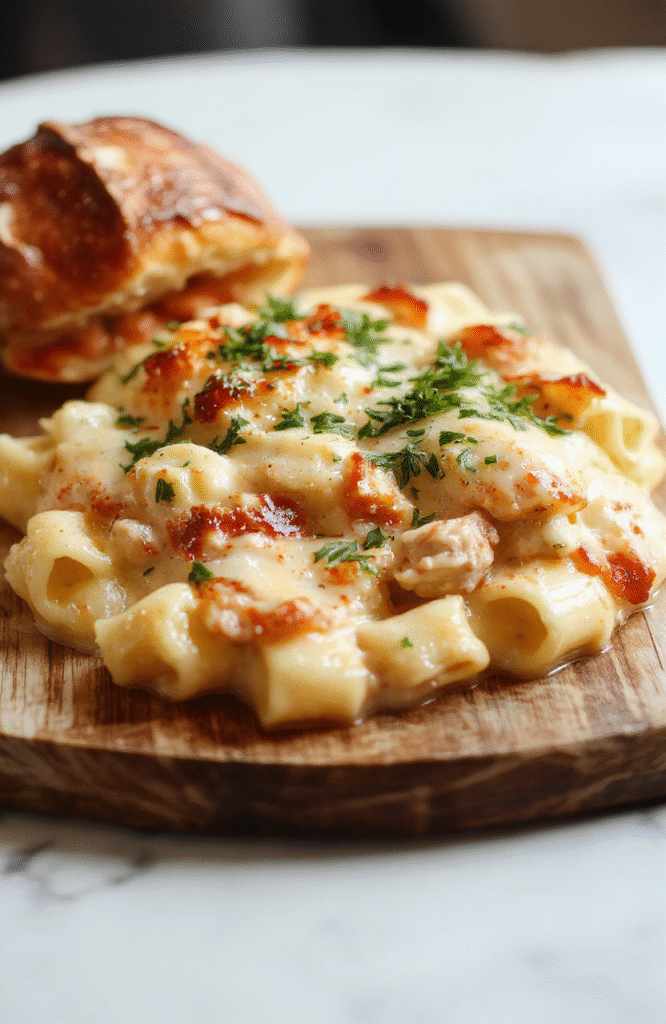 A rustic ceramic bowl filled with creamy, golden-yellow pasta tossed with tender chicken pieces, peas, carrots, and onions, topped with a light dusting of fresh parsley and grated Parmesan, served on a wooden cutting board with soft natural lighting and shallow depth of field.