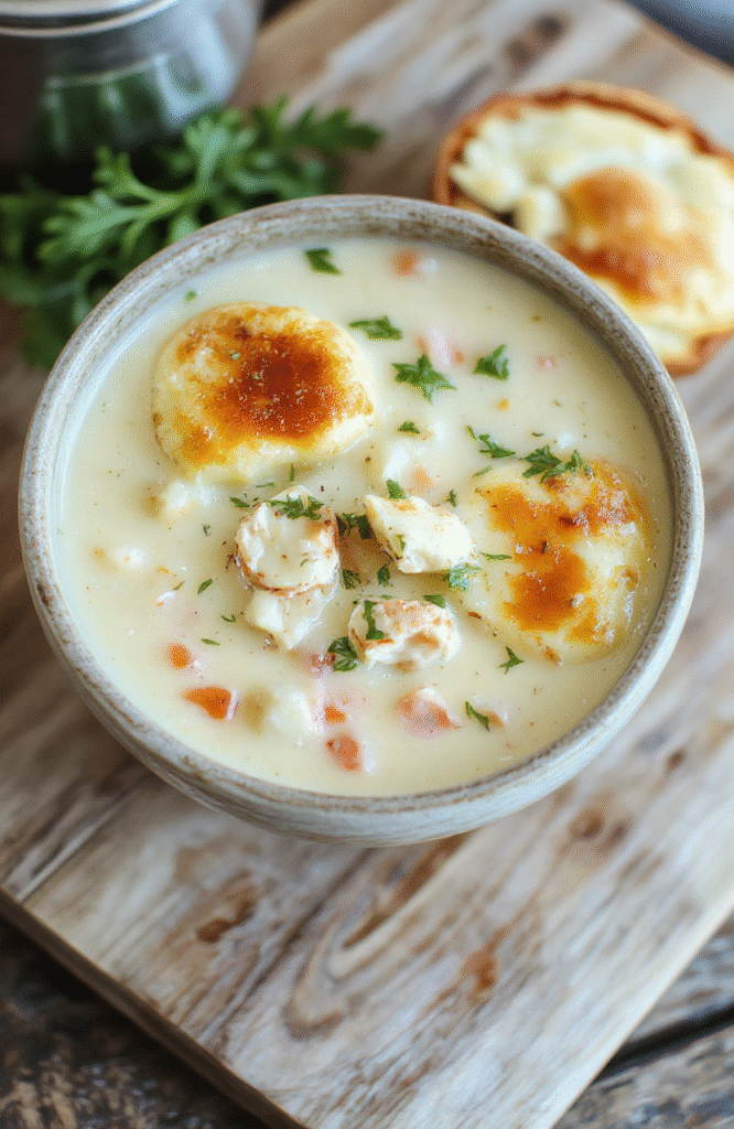 A steaming bowl of creamy chicken pot pie soup with tender chicken, carrots, peas, and potatoes, garnished with fresh parsley and a light drizzle of olive oil, on a rustic wooden table in soft natural daylight.