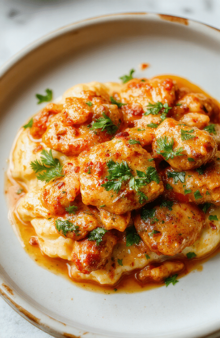 Golden-brown tandoori-style chicken pieces in rich, orange-red creamy tomato sauce with garlic naan on the side, garnished with fresh cilantro and sliced onions on a white ceramic plate.