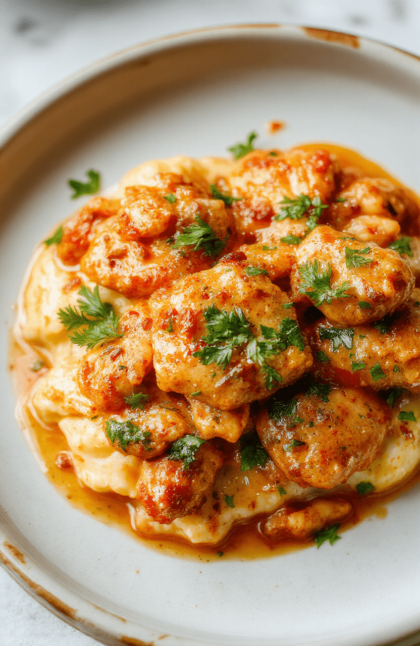 Golden-brown tandoori-style chicken pieces in rich, orange-red creamy tomato sauce with garlic naan on the side, garnished with fresh cilantro and sliced onions on a white ceramic plate.