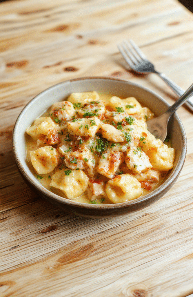 A steaming bowl of creamy Chicken Tortellini in a light beige ceramic bowl, featuring golden brown seared chicken pieces, cheese-filled tortellini floating in a rich cream and Parmesan sauce with flecks of fresh parsley and cracked black pepper, garnished with grated cheese and a sprinkle of crushed red pepper flakes on the side against a rustic wooden table.