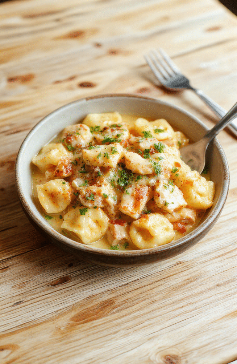 A steaming bowl of creamy Chicken Tortellini in a light beige ceramic bowl, featuring golden brown seared chicken pieces, cheese-filled tortellini floating in a rich cream and Parmesan sauce with flecks of fresh parsley and cracked black pepper, garnished with grated cheese and a sprinkle of crushed red pepper flakes on the side against a rustic wooden table.