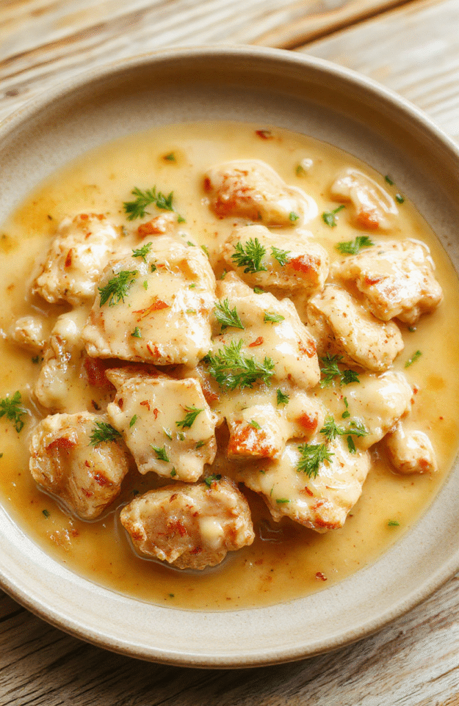 A steaming crock of creamy chicken and gravy served in a white ceramic bowl, topped with freshly chopped parsley and soft mashed potatoes on the side. Golden-brown chicken pieces glisten under natural light, with a rich, velvety gravy cascading down the chicken. Light wood table surface in warm tones, shallow depth of field, soft shadows.