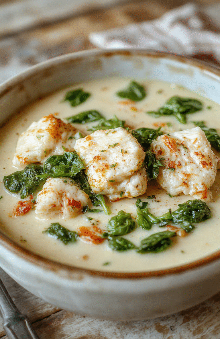 A rustic ceramic bowl filled with creamy chicken and spinach soup, featuring tender chicken pieces, vibrant green spinach swirls, golden carrots, and soft diced potatoes, topped with a drizzle of olive oil and fresh parsley, served beside a slice of crusty sourdough bread on a light wooden table in cozy natural light.