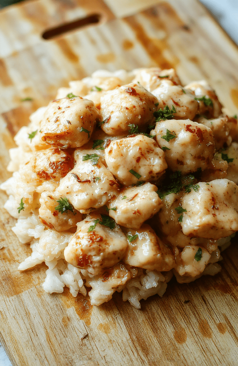 Golden-brown seared chicken thighs in a rich, creamy coconut curry sauce with golden turmeric tones, garnished with fresh cilantro and sliced red chili, served over steamed jasmine rice in a rustic ceramic bowl against a light wooden table.