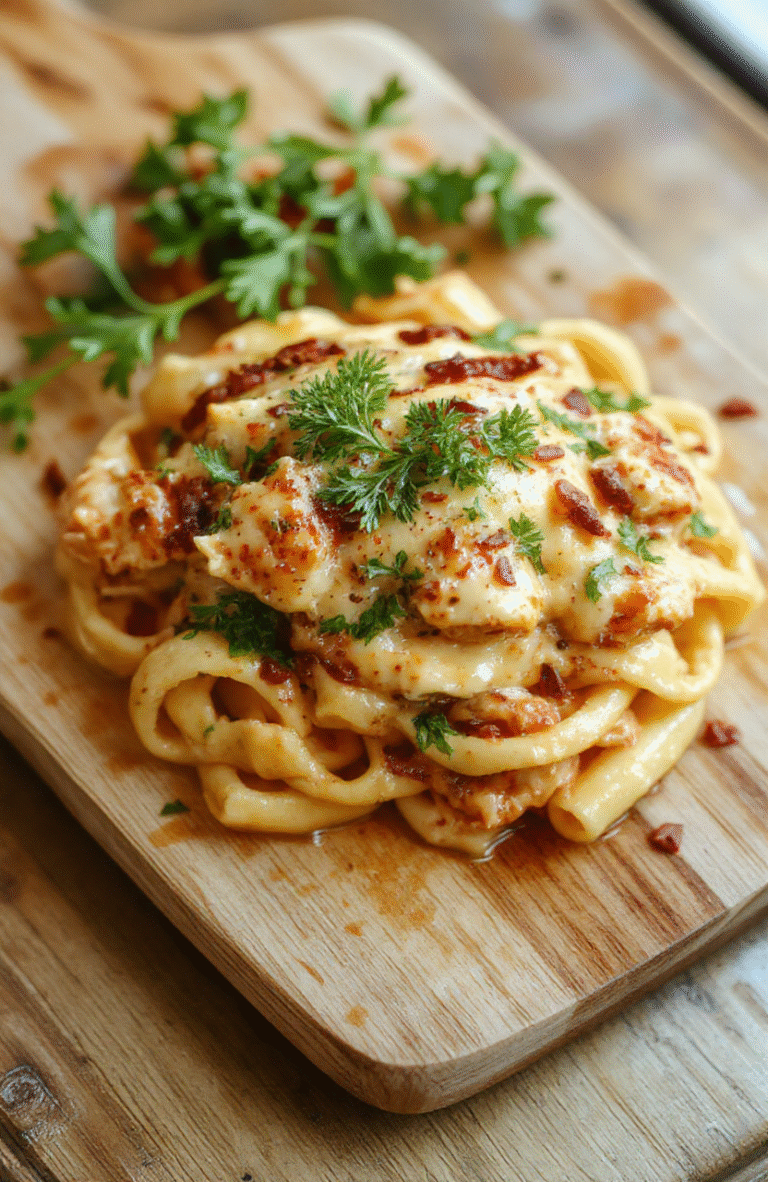 A steaming bowl of creamy cowboy butter chicken pasta with tender chicken pieces, al dente fettuccine noodles, golden butter sauce, fresh parsley, and a sprinkle of red pepper flakes on a rustic wooden board, with a garnish of parmesan shavings and a side of garlic bread.