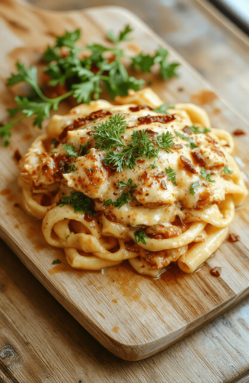 A steaming bowl of creamy cowboy butter chicken pasta with tender chicken pieces, al dente fettuccine noodles, golden butter sauce, fresh parsley, and a sprinkle of red pepper flakes on a rustic wooden board, with a garnish of parmesan shavings and a side of garlic bread.
