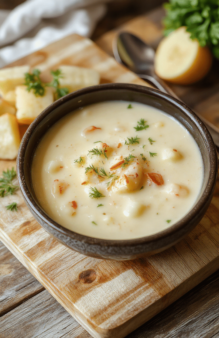 A rustic ceramic bowl filled with thick, creamy potato soup featuring tender cubes of potato, flecks of cooked bacon, and green onion garnish, served in a cozy kitchen setting with soft daylight and wooden table background.