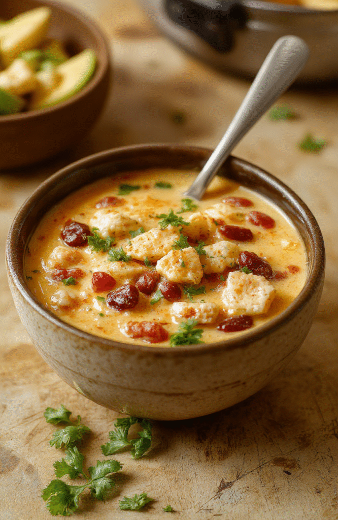 A steaming bowl of creamy enchilada soup with tender shredded chicken, black beans, cooked rice, and diced tomatoes, topped with shredded cheddar cheese, fresh cilantro, and a dollop of sour cream, served in a rustic white ceramic bowl on a wooden table with soft natural lighting.