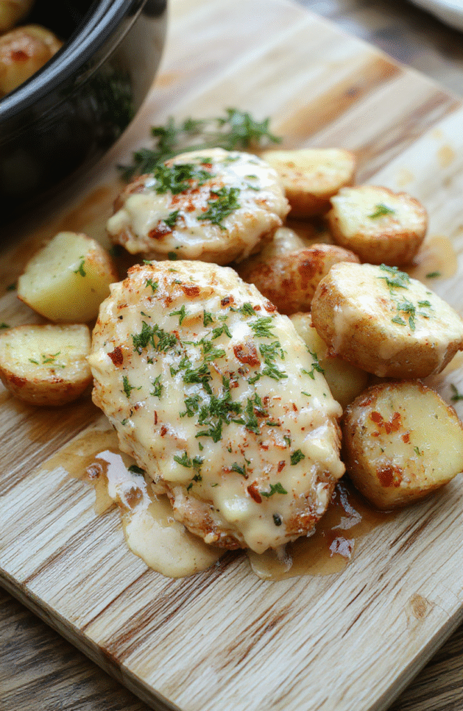 A rustic wooden board holds a generous portion of tender, golden-brown chicken thighs and baby potatoes smothered in a rich, creamy garlic-parmesan sauce, garnished with fresh parsley and a light dusting of grated parmesan; vibrant green parsley specks and golden cheese shreds contrast against the natural wood background.