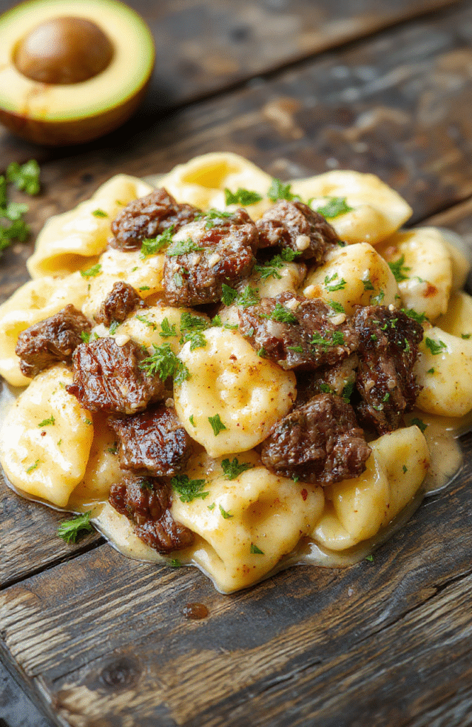 A steaming bowl of creamy garlic steak tortellini with tender beef strips, cheese-filled pasta parcels, and a rich golden sauce garnished with fresh parsley and black pepper on a rustic wooden board