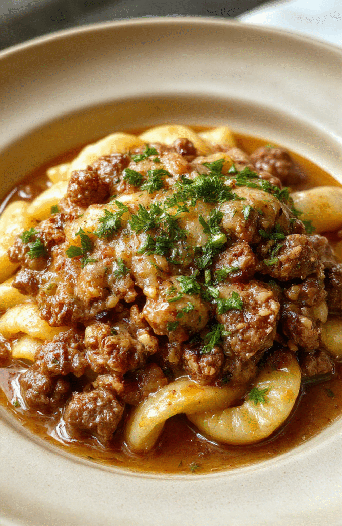 A rustic ceramic bowl filled with creamy, golden-yellow orzo pasta tosses with tender browned ground beef, flecks of parsley, and a generous sprinkle of freshly grated Parmesan cheese. Steam rises gently, and the creamy sauce clings to each curled noodle. A few thin slices of garlic butter toasted bread rest beside it on a reclaimed wood board.