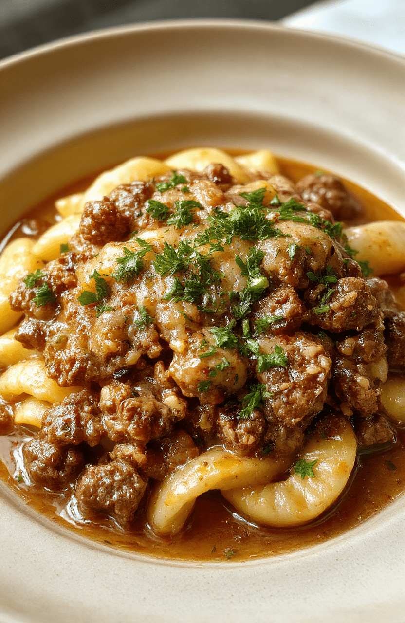 A rustic ceramic bowl filled with creamy, golden-yellow orzo pasta tosses with tender browned ground beef, flecks of parsley, and a generous sprinkle of freshly grated Parmesan cheese. Steam rises gently, and the creamy sauce clings to each curled noodle. A few thin slices of garlic butter toasted bread rest beside it on a reclaimed wood board.