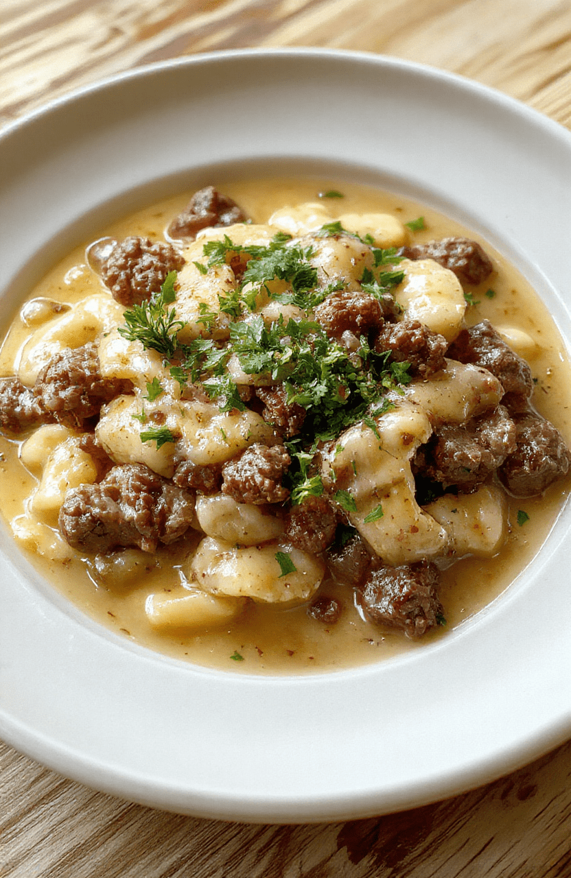 A steaming plate of creamy ground beef stroganoff over wide egg noodles, topped with fresh parsley and a dollop of sour cream, garnished with sliced mushrooms and green onions, arranged on a rustic wooden board in soft natural light.