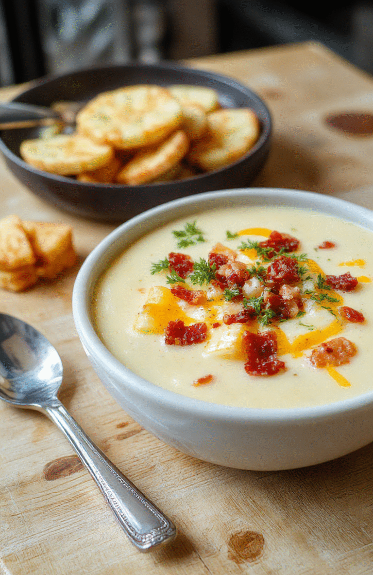 A steaming bowl of thick, creamyloaded potato soup topped with cooked crumbled bacon, shredded sharp cheddar cheese, chopped green onions, and a dollop of sour cream, served in a rustic white ceramic bowl on a wooden tabletop with natural light and soft shadows.