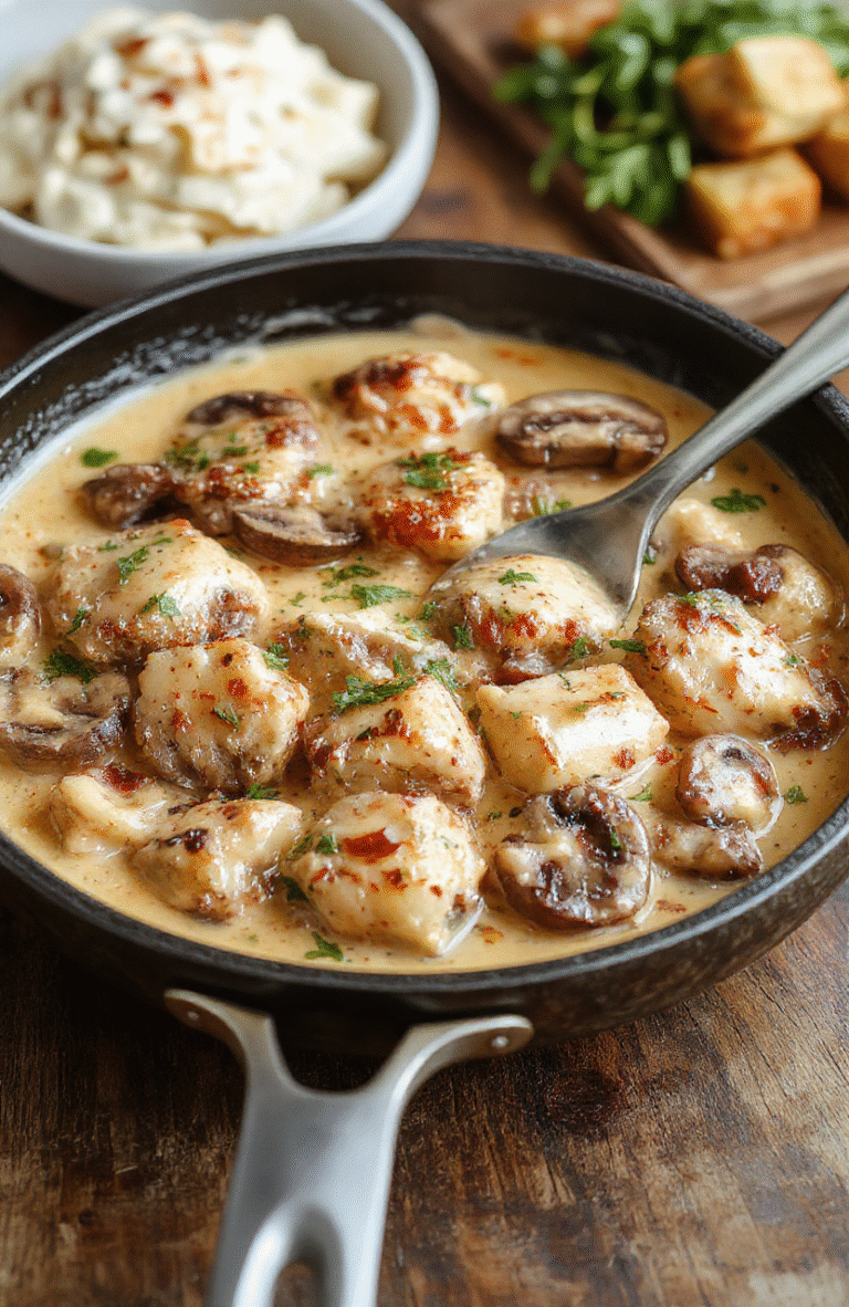 Golden-brown seared chicken thighs nestled atop a bed of sautéed baby bell mushrooms and spinach, all bathed in a rich, creamy garlic-parmesan sauce, garnished with fresh parsley and cracked black pepper, served on a rustic white ceramic plate with soft natural lighting and shallow depth of field.