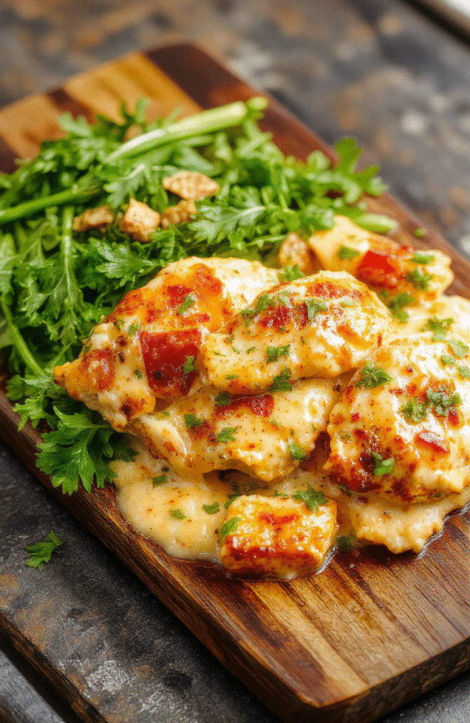 Golden-brown chicken breasts nestled in a creamy, pale-yellow sauce with vibrant green pepperoncini peppers and red onion slices, sprinkled with fresh parsley and grated Parmesan, served in a cast-iron skillet on a rustic wooden table.