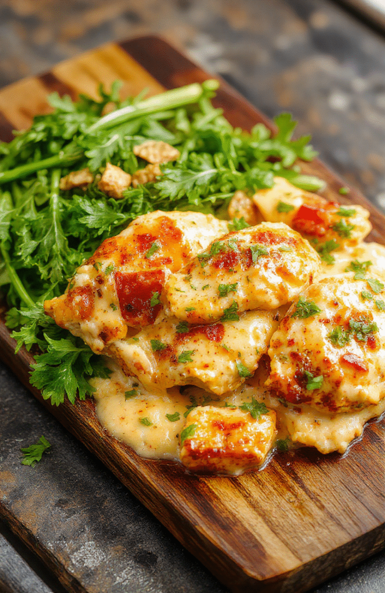 Golden-brown chicken breasts nestled in a creamy, pale-yellow sauce with vibrant green pepperoncini peppers and red onion slices, sprinkled with fresh parsley and grated Parmesan, served in a cast-iron skillet on a rustic wooden table.