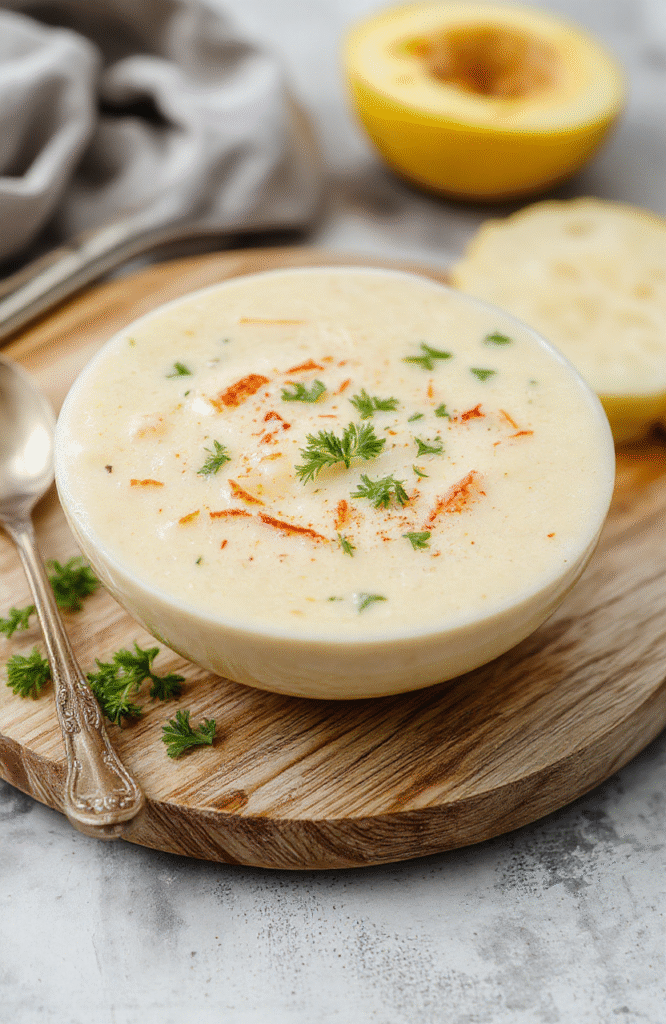 A steaming bowl of creamy potato soup topped with shredded cheddar cheese, crispy bacon bits, and a chive garnish, served in a rustic ceramic bowl against a soft-focus wooden table with natural daylight.