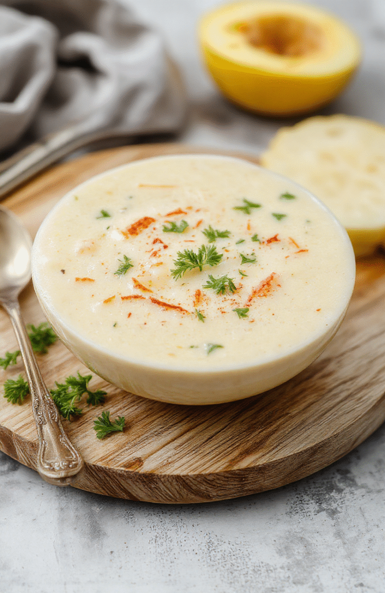 A steaming bowl of creamy potato soup topped with shredded cheddar cheese, crispy bacon bits, and a chive garnish, served in a rustic ceramic bowl against a soft-focus wooden table with natural daylight.
