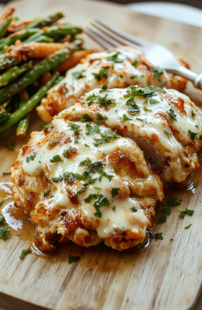 Golden-brown baked chicken thighs and potatoes on a rimmed sheet pan, drizzled with creamy white ranch sauce and sprinkled with fresh chopped dill and chives, served on a rustic wooden board with light wood grain