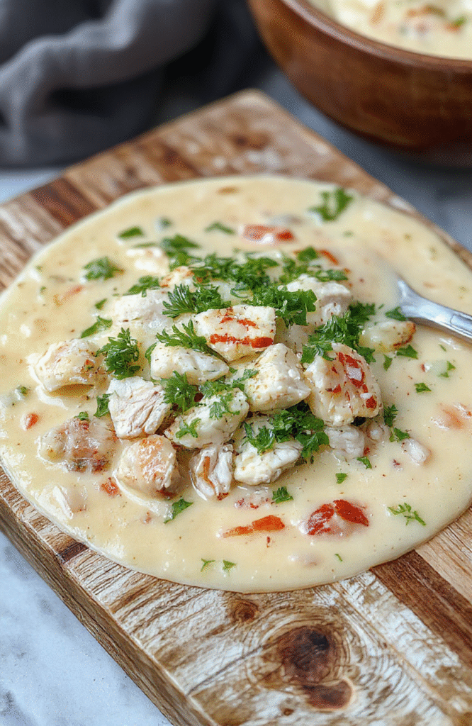 A rustic ceramic bowl filled with creamy chicken wild rice soup, studded with tender chicken pieces, colorful carrots, celery, and chewy wild rice. Garnished with fresh parsley and a drizzle of olive oil. Resting on a warm wooden board with steam gently rising.