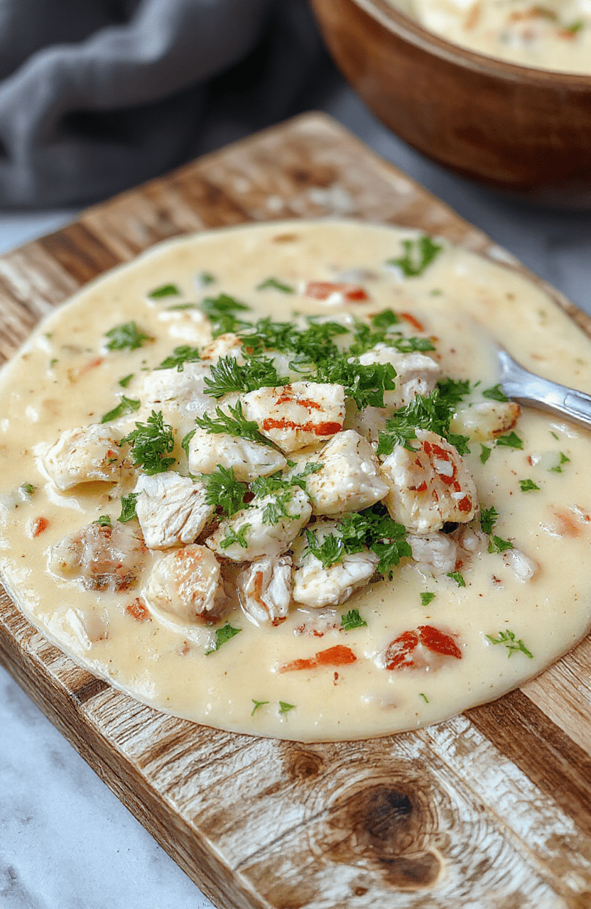 A rustic ceramic bowl filled with creamy chicken wild rice soup, studded with tender chicken pieces, colorful carrots, celery, and chewy wild rice. Garnished with fresh parsley and a drizzle of olive oil. Resting on a warm wooden board with steam gently rising.