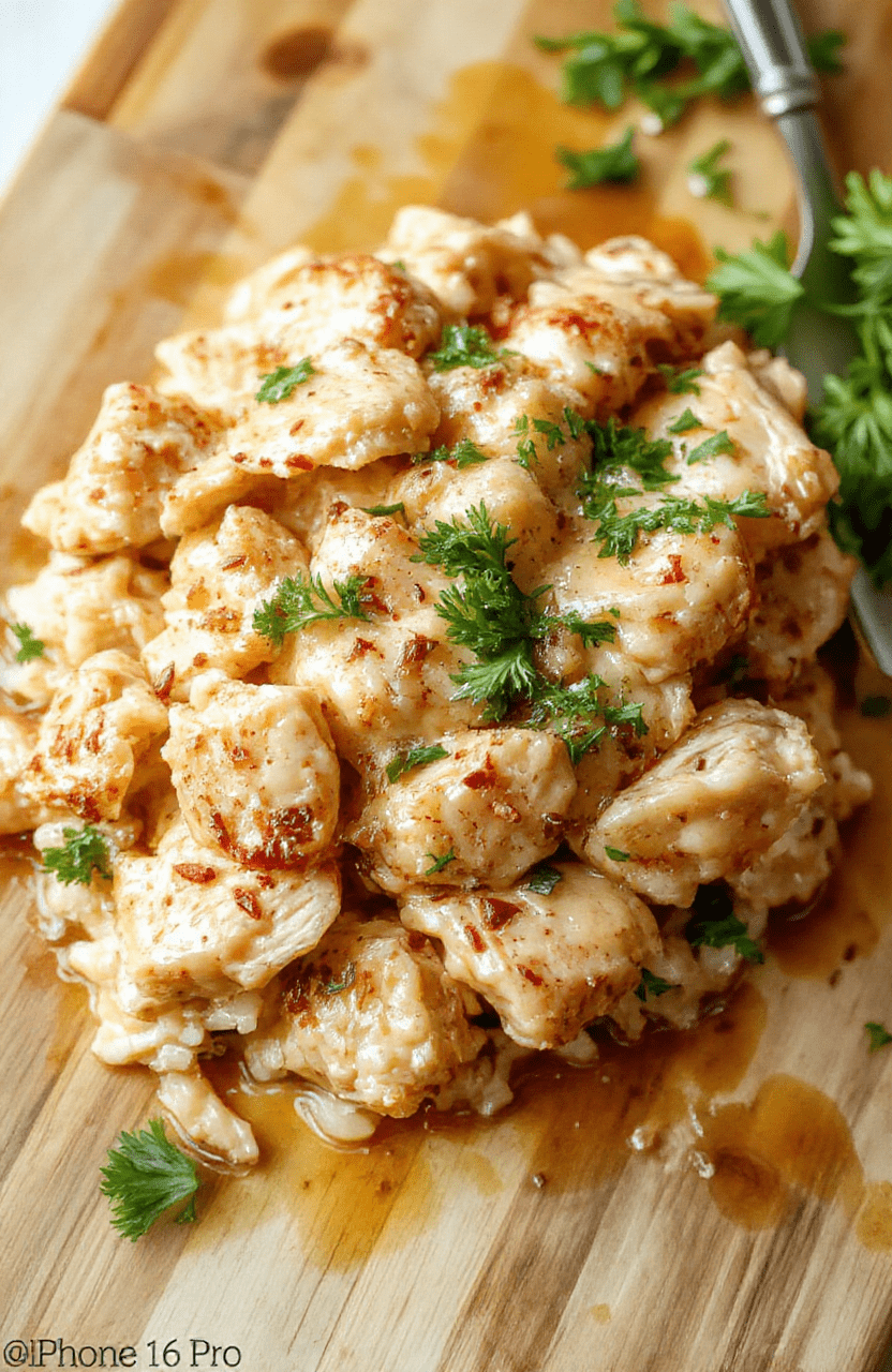A rustic ceramic crockpot surrounded by fresh thyme sprigs and cracked black pepper, with a steaming bowl of rich golden rice and tender shredded chicken topped withparsley and a drizzle of olive oil, set on a light walnut cutting board.