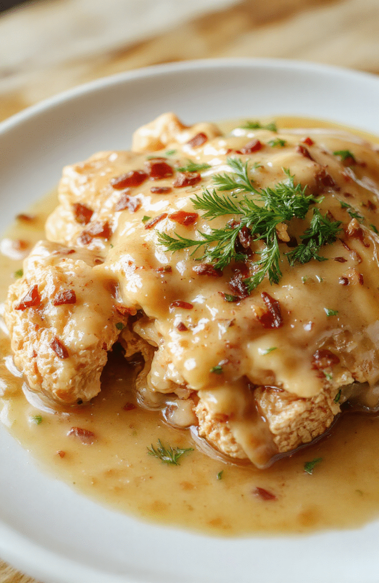 Golden-brown tender chicken thighs in a rich, creamy gravy with faint swirls of herbs, served in a ceramic bowl with steaming hot mashed potatoes and a sprinkle of cracked black pepper and fresh parsley