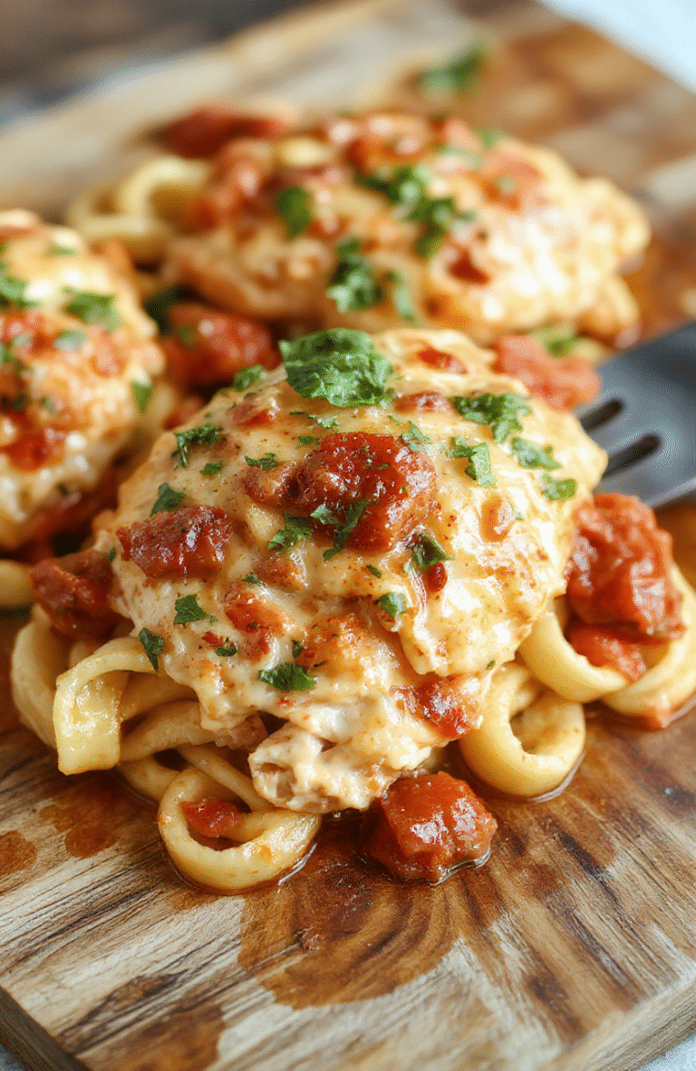 A rustic ceramic bowl filled with tender poached chicken breast in a vibrant creamy tomato basil sauce, flecked with fresh green basil leaves and dotted with rich red cherry tomatoes, served over al dente penne pasta, garnished with grated parmesan and a drizzle of extra-virgin olive oil, on a light oak wooden table with soft natural daylight and subtle shadows.