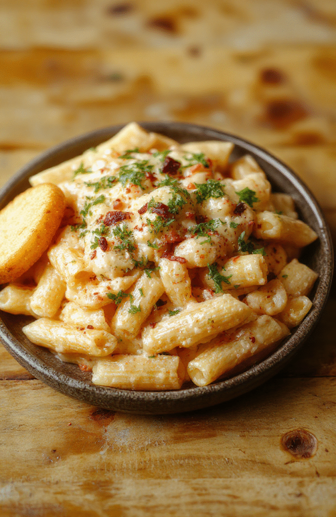 A vibrant bowl of al dente penne pasta tossed in a creamy, golden-yellow Southwest Alfredo sauce, flecked with red bell peppers, black beans, andcharred corn kernels, garnished with fresh cilantro and a sprinkle of shredded sharp cheddar, served in a rustic ceramic bowl against a light wood background, soft natural light highlighting the creamy texture and colorful ingredients.