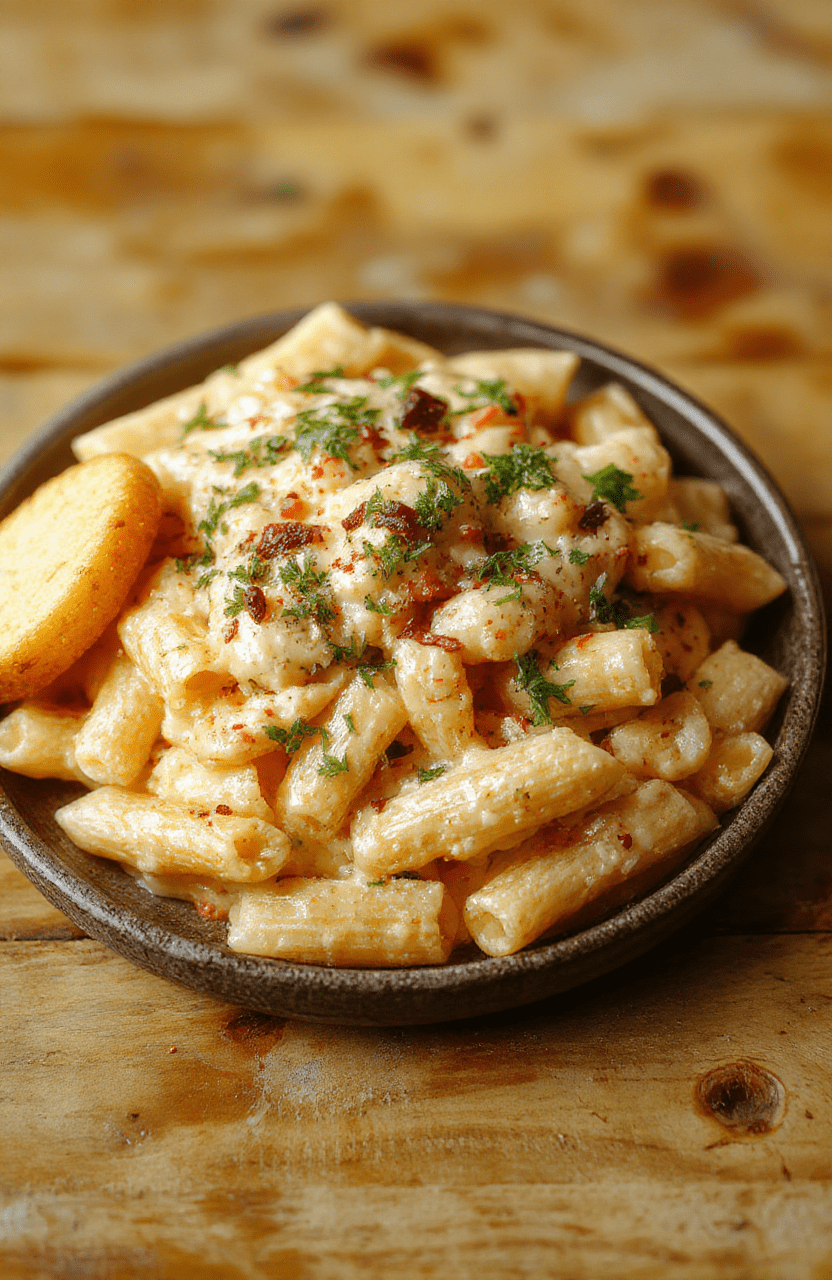 A vibrant bowl of al dente penne pasta tossed in a creamy, golden-yellow Southwest Alfredo sauce, flecked with red bell peppers, black beans, andcharred corn kernels, garnished with fresh cilantro and a sprinkle of shredded sharp cheddar, served in a rustic ceramic bowl against a light wood background, soft natural light highlighting the creamy texture and colorful ingredients.
